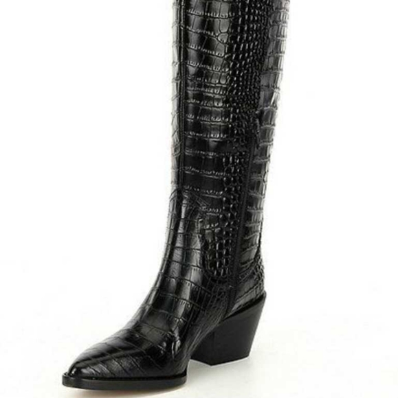 Gianna Bini black leather knee-high cowboy boots 7 1/2 Embossed Croc Colbbiye - Picture 3 of 6